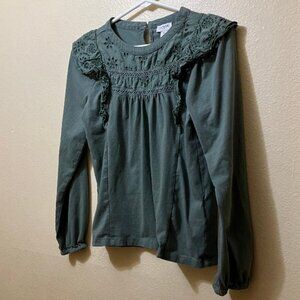 J. Crew Women's Olive Green Eyelet Ruffle Long Sleeve Peasant Blouse Size XS